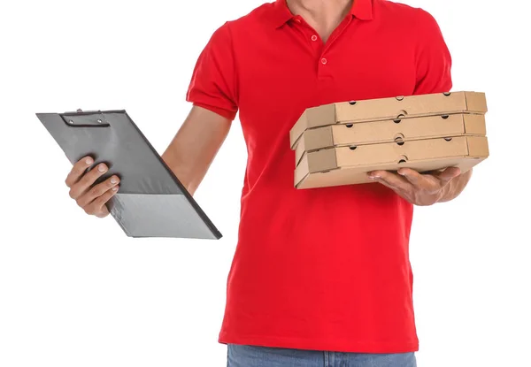 Fiatal Férfi Pizza Dobozok Vágólap Fehér Háttér Étel Házhozszállítás — Stock Fotó