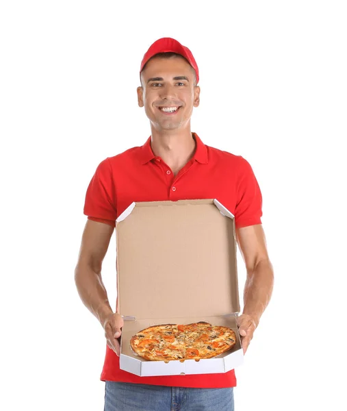 Jonge Man Die Doos Met Smakelijke Pizza Witte Achtergrond Levering — Stockfoto