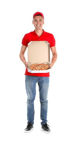 Joven Caja Espera Con Sabrosa Pizza Sobre Fondo Blanco Servicio — Foto de Stock