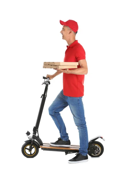 Young Man Pizza Boxes Kick Scooter White Background Food Delivery — Stock Photo, Image