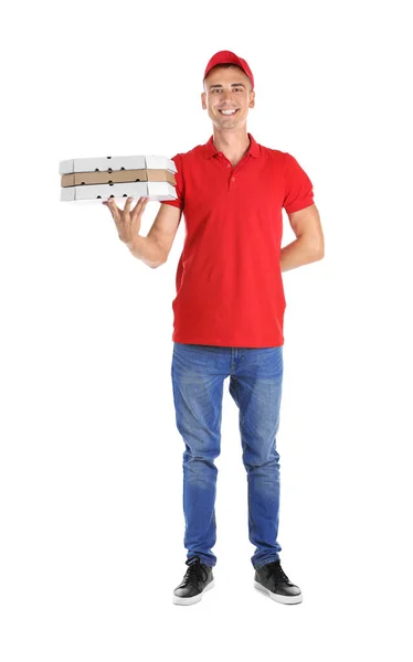 年轻男子在白色背景比萨饼盒 食品配送服务 — 图库照片