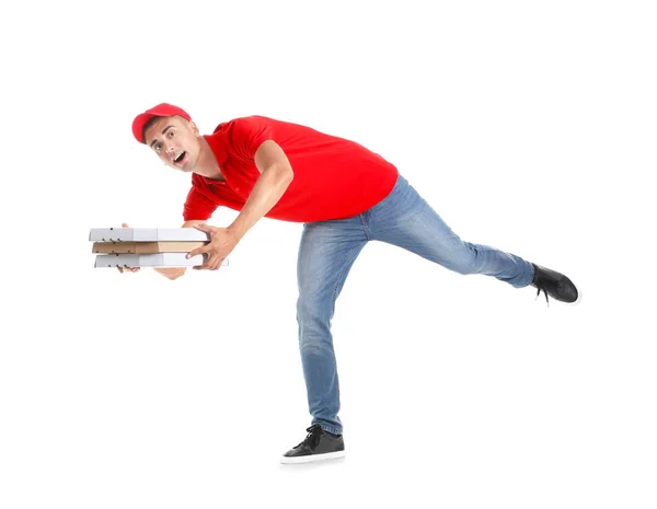 Νεαρός Άνδρας Τρέχει Κουτιά Πίτσας Άσπρο Φόντο Υπηρεσία Παράδοσης Τροφίμων — Φωτογραφία Αρχείου