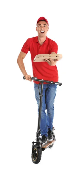 Young Man Pizza Box Kick Scooter White Background Food Delivery — Stock Photo, Image