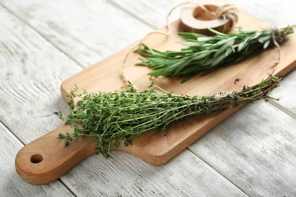 Board Fresh Herbs Wooden Background Stock Image