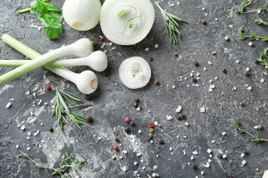 Gri dokulu arka plan üzerinde baharatlar ile taze soğan