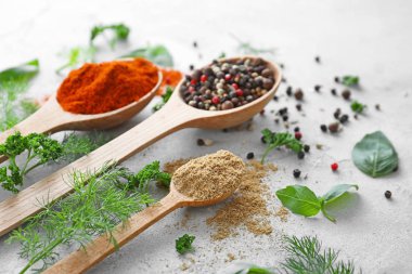 Tahta kaşık ile taze otlar ve gri dokulu arka plan üzerinde kuru baharat