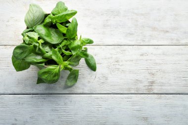 Ahşap masa üzerinde taze Fesleğenli kutu