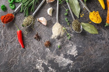 Gri arka plan üzerinde otlar ile baharat çeşitleri