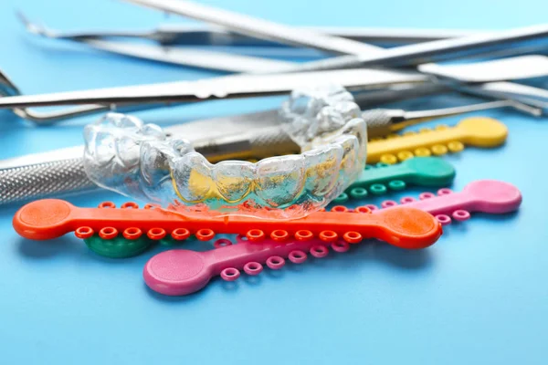 Dental Instruments Occlusal Splint Color Background Closeup — Stock Photo, Image
