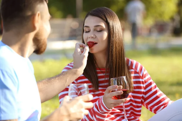 Happy Couple Having Picnic Park Spring Day — Stock Photo, Image