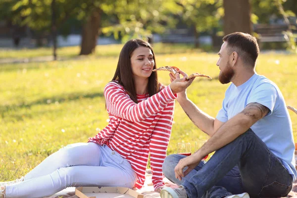春の日に公園でピクニックを持っている幸せなカップル — ストック写真