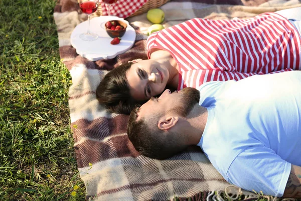 Boldog Pár Után Piknik Parkban Kockás Fekvő — Stock Fotó