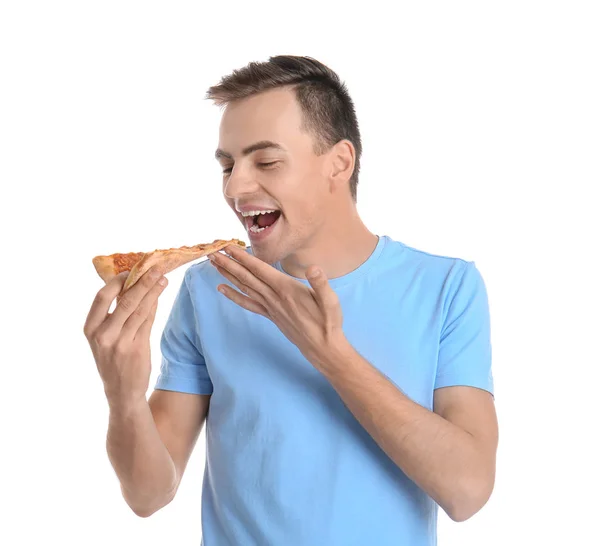 Schöner Junger Mann Mit Leckerer Pizza Auf Weißem Hintergrund — Stockfoto