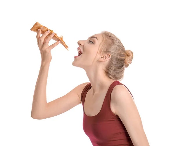 Młoda Kobieta Kawałek Gorącego Smaczne Pizzy Białym Tle — Zdjęcie stockowe