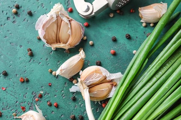 Fresh Onion Garlic Spices Color Textured Background — Stock Photo, Image