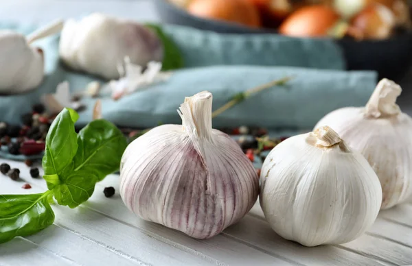 Fresh Garlic Spices White Wooden Background — Stock Photo, Image