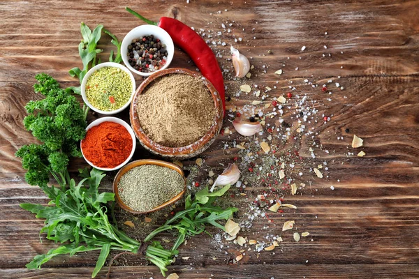 Various Fresh Herbs Dry Spices Wooden Table — Stock Photo, Image