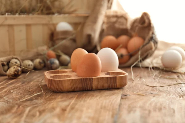 Wooden Holder Chicken Eggs Table — Stock Photo, Image