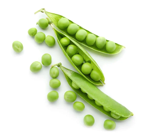 Vainas Con Guisantes Verdes Frescos Sobre Fondo Blanco —  Fotos de Stock