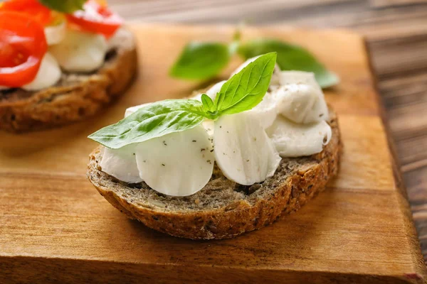 Tasty Sandwich Mozzarella Basil Wooden Board — Stock Photo, Image