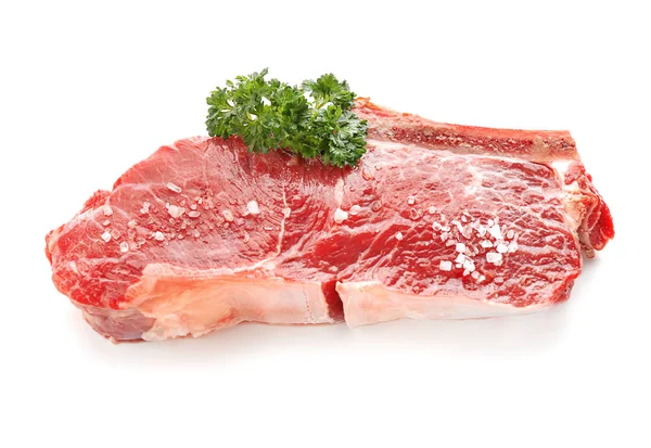 Sepotong Daging Mentah Dengan Peterseli Dan Garam Pada Latar Belakang — Stok Foto