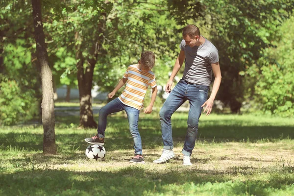 Happy Father Son Playing Football Park — Stock Photo, Image