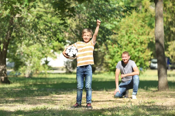 Happy Father Son Playing Football Park — Stock Photo, Image