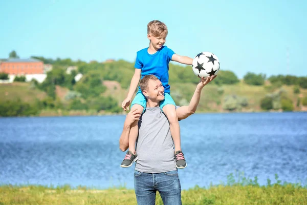 Happy Father Son Soccer Ball River — Stock Photo, Image