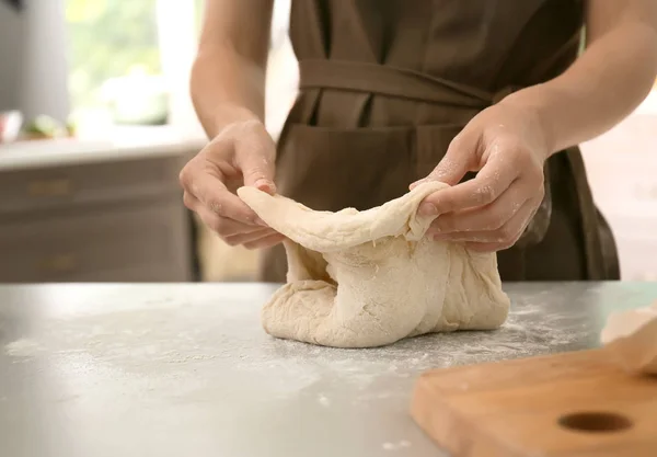 Woman Kneading Dough Bakery Kitchen Table — Stock Photo, Image