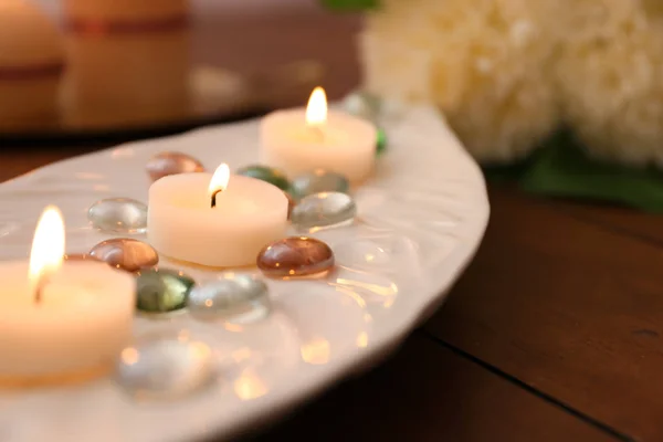 Plate Burning Wax Candles Table Closeup — Stock Photo, Image