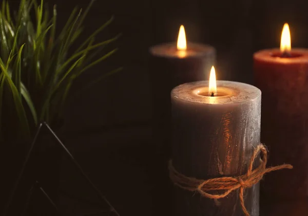 Brûler Les Bougies Cire Sur Table Dans Obscurité — Photo