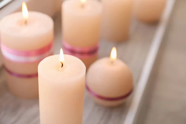 Burning Wax Candles Windowsill — Stock Photo, Image