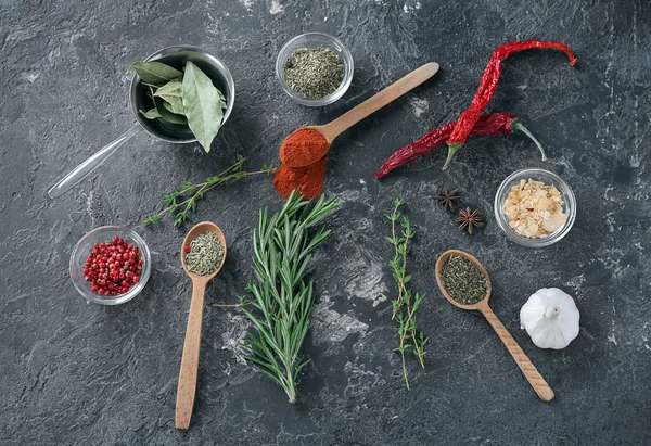 Different Kinds Spices Herbs Grey Background — Stock Photo, Image