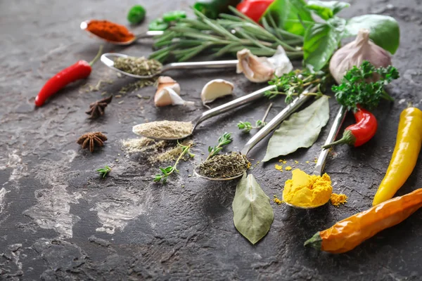 Different Kinds Spices Herbs Grey Background — Stock Photo, Image