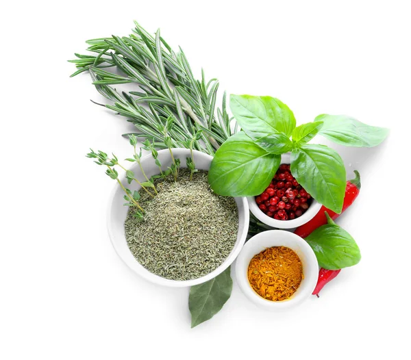 Bowls Various Spices Herbs White Background — Stock Photo, Image