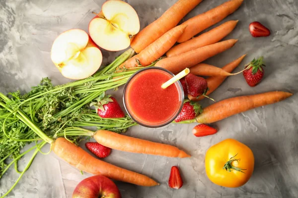 Glass Fresh Tasty Smoothie Ingredients Table Top View — Stock Photo, Image