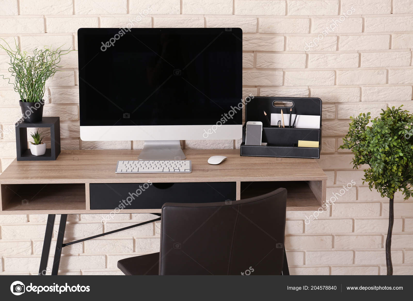 Stylish Workplace Computer Table Brick Wall Office Stock Photo by ...
