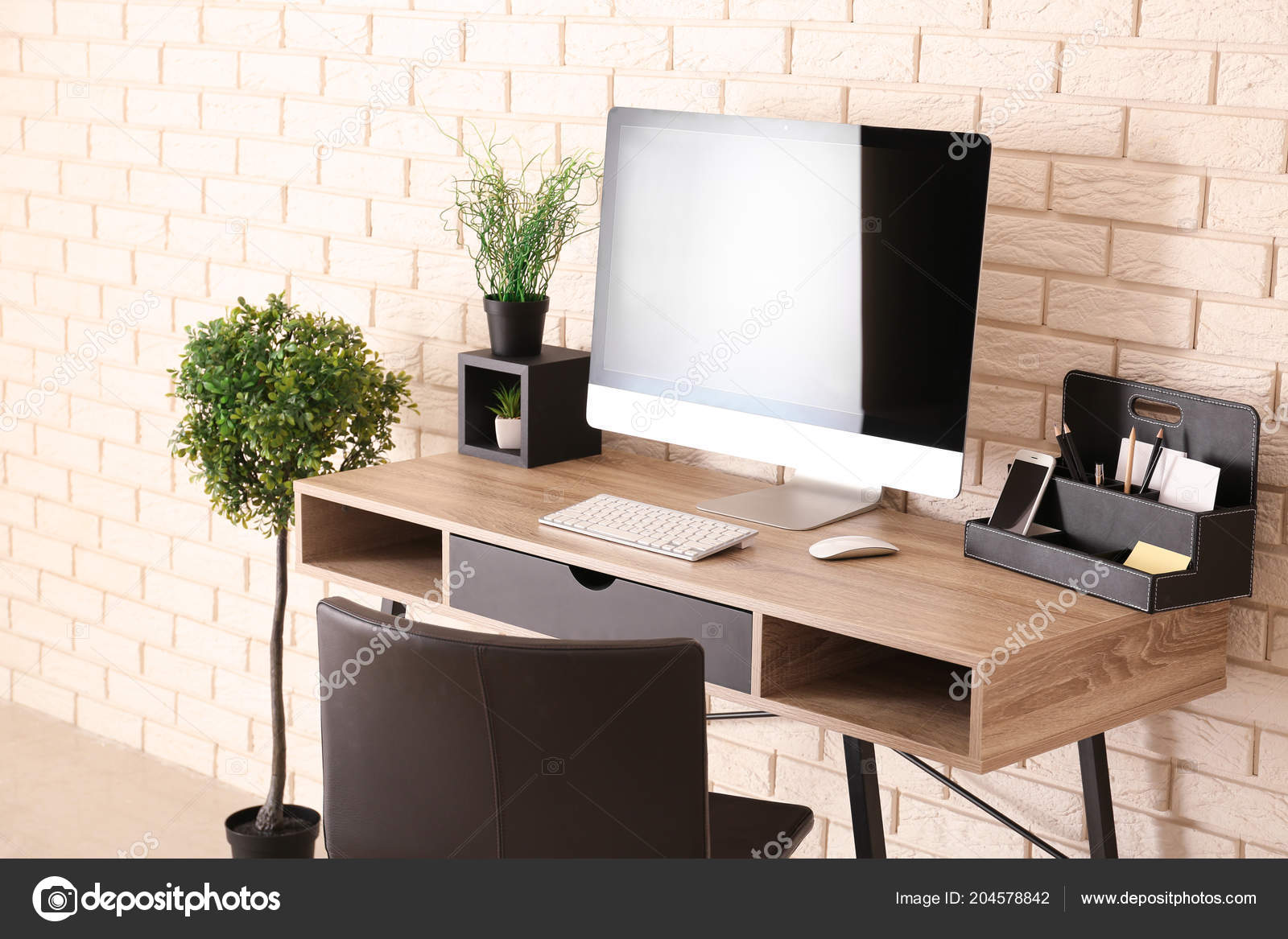 Stylish Workplace Computer Table Brick Wall Office Stock Photo