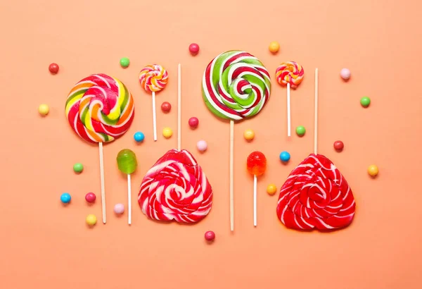 Flat Lay Composition Candies Color Background — Stock Photo, Image