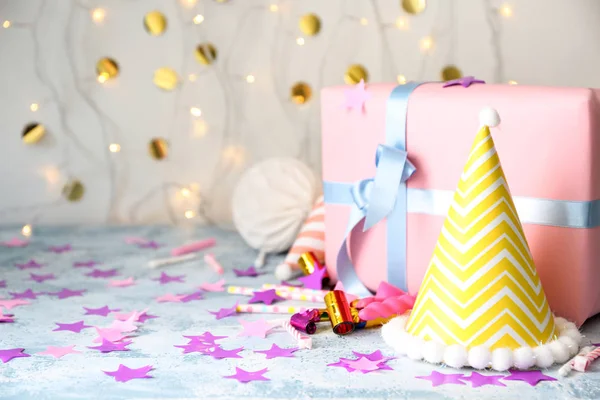 Birthday Party Items Gift Box Table — Stock Photo, Image