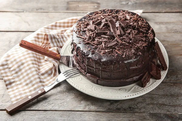 Plate Delicious Chocolate Cake Wooden Table — Stock Photo, Image