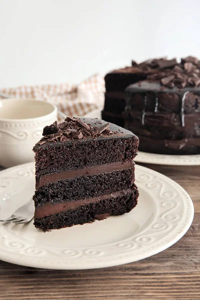 Plate Piece Delicious Chocolate Cake Wooden Table — Stock Photo, Image