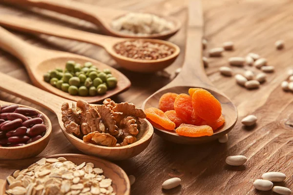 Spoons Various Healthy Products Wooden Table — Stock Photo, Image