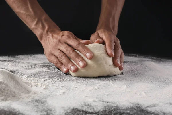 Man Kneading Dough Black Background — Stock Photo, Image