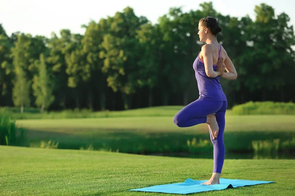 Pratik Yoga Açık Havada Sabah Güzel Genç Kadın — Stok fotoğraf