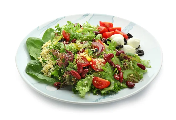 Teller Mit Leckerem Quinoa Salat Auf Weißem Hintergrund — Stockfoto