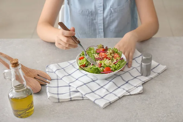 Woman Eating Tasty Quinoa Salad Table — Stock Photo, Image