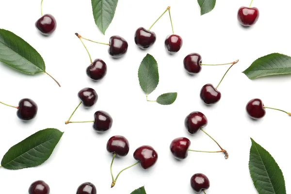 Composition Sweet Cherries Green Leaves White Background — Stock Photo, Image