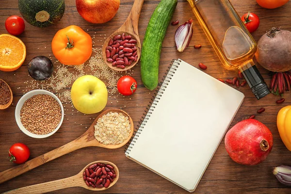 Composition Various Healthy Products Notebook Wooden Background — Stock Photo, Image