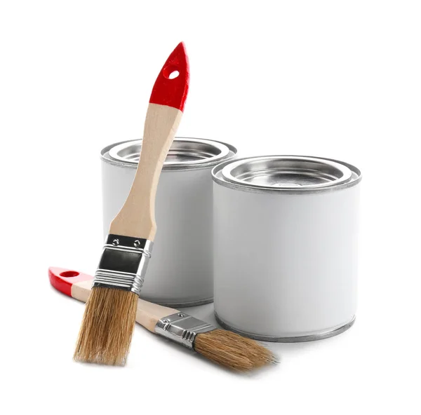 Cans Paint Brushes White Background — Stock Photo, Image
